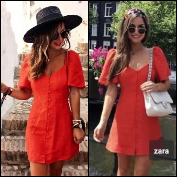 Zara Woman Red Linen Flutter Sleeve Button Dress - Picture 2 of 15